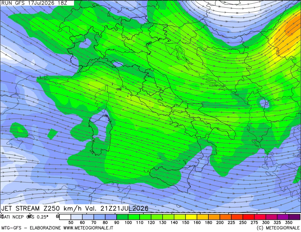 mappa 250 hPa Jet stream