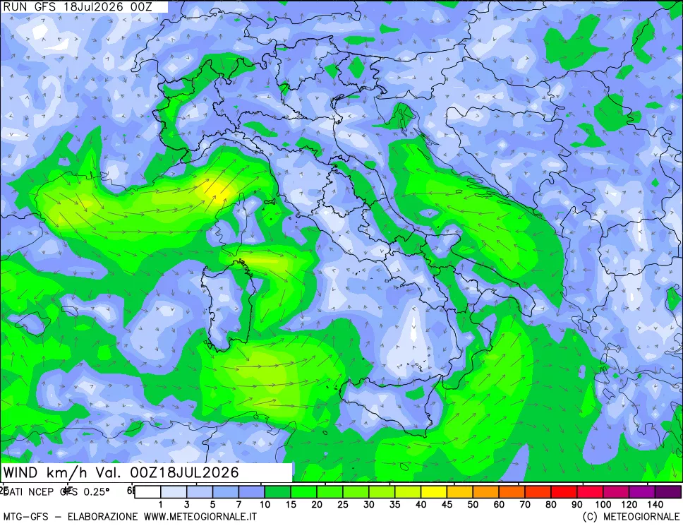 mappa 10 m Vento forza e direzione