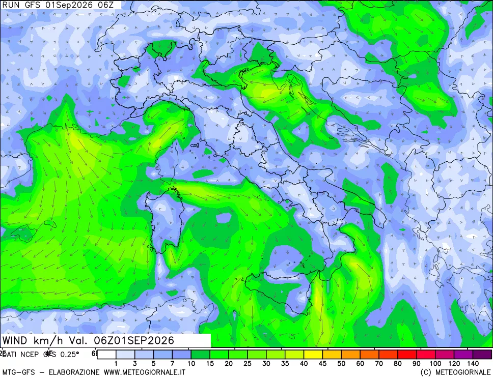 mappa 10 m Vento forza e direzione