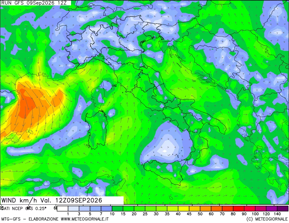 mappa 10 m Vento forza e direzione