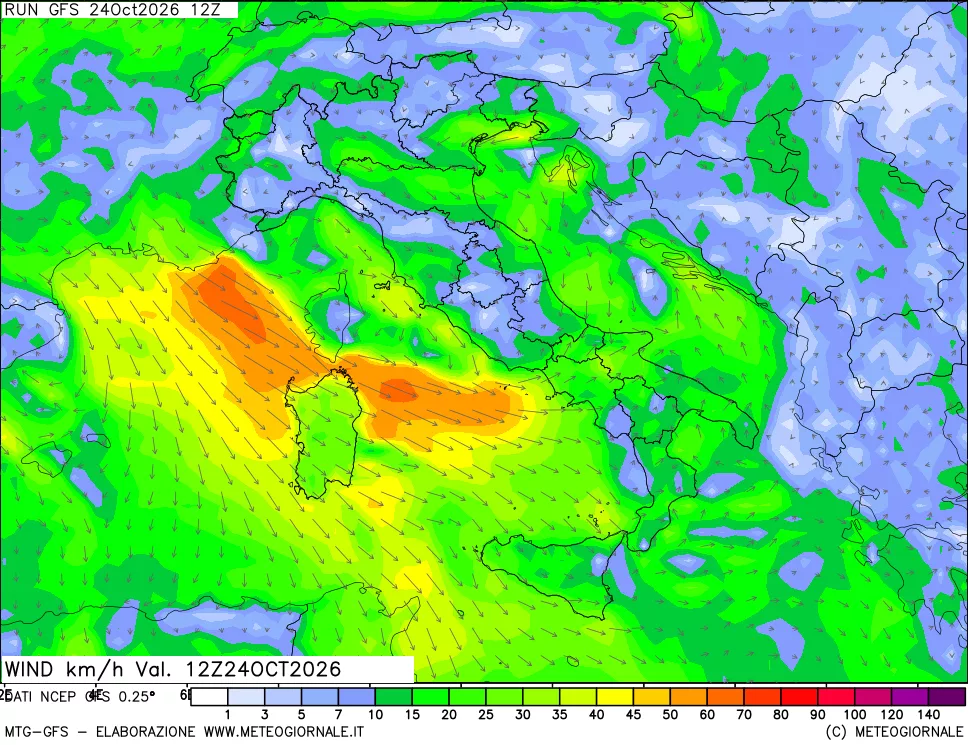 mappa 10 m Vento forza e direzione
