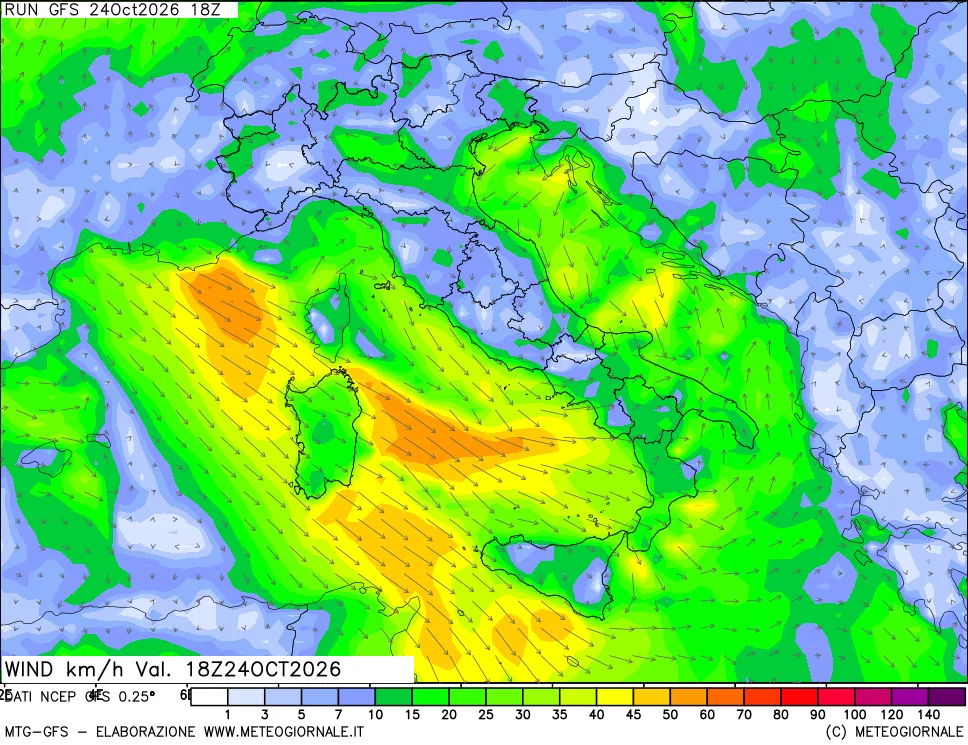 mappa 10 m Vento forza e direzione
