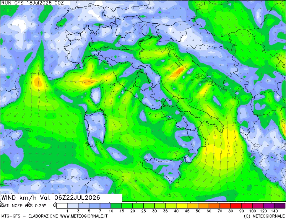 mappa 10 m Vento forza e direzione