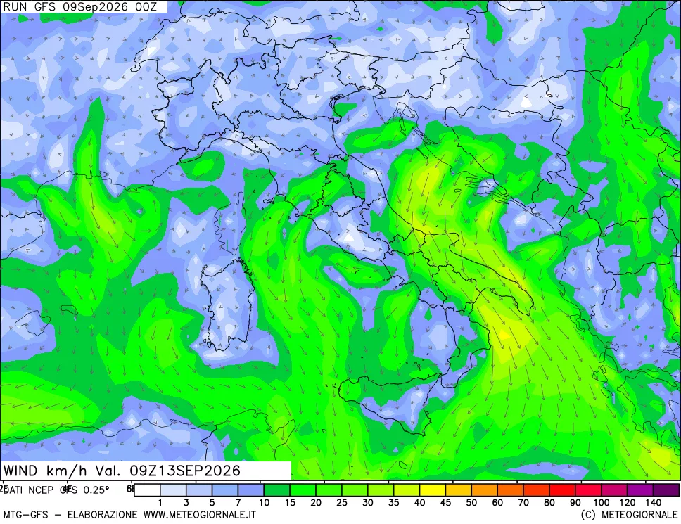 mappa 10 m Vento forza e direzione