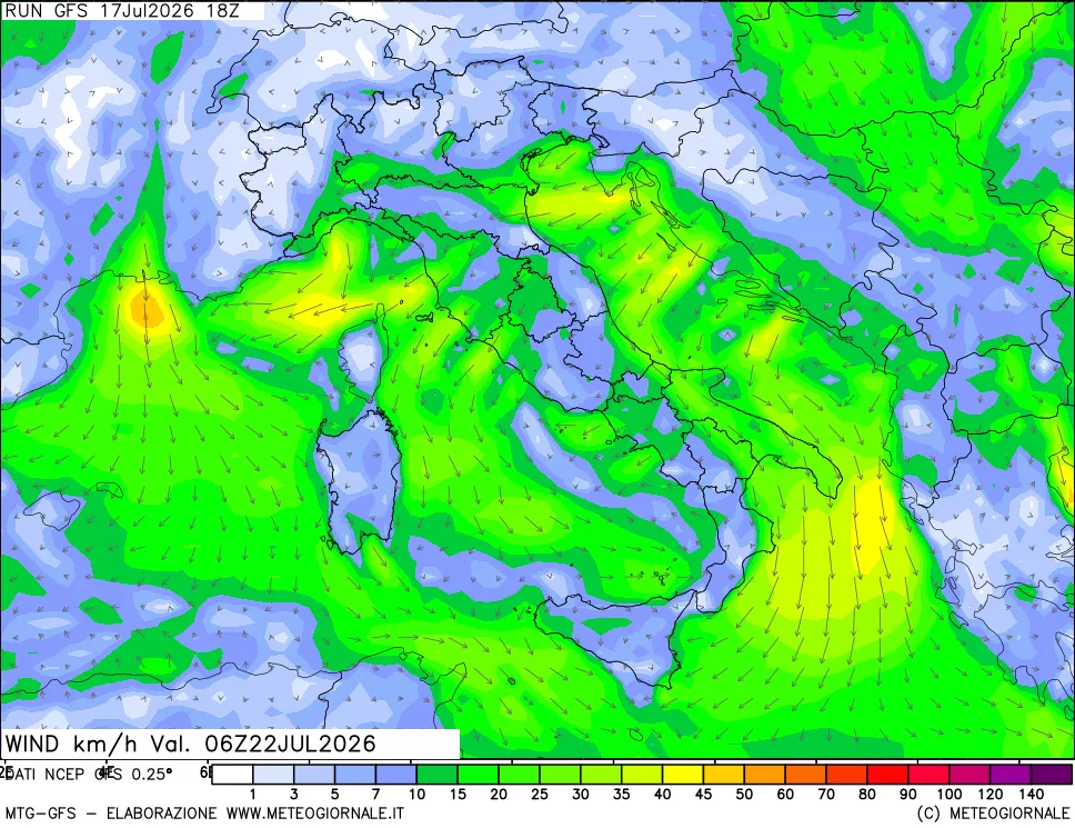 mappa 10 m Vento forza e direzione