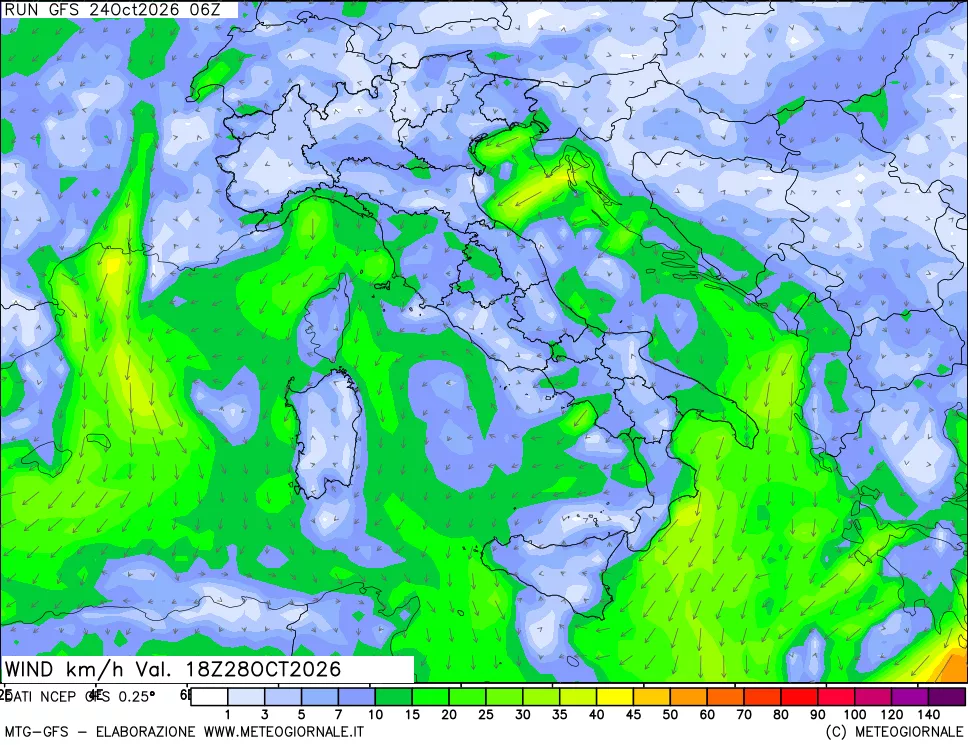 mappa 10 m Vento forza e direzione