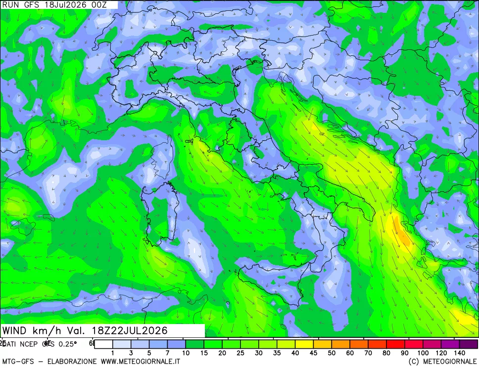 mappa 10 m Vento forza e direzione
