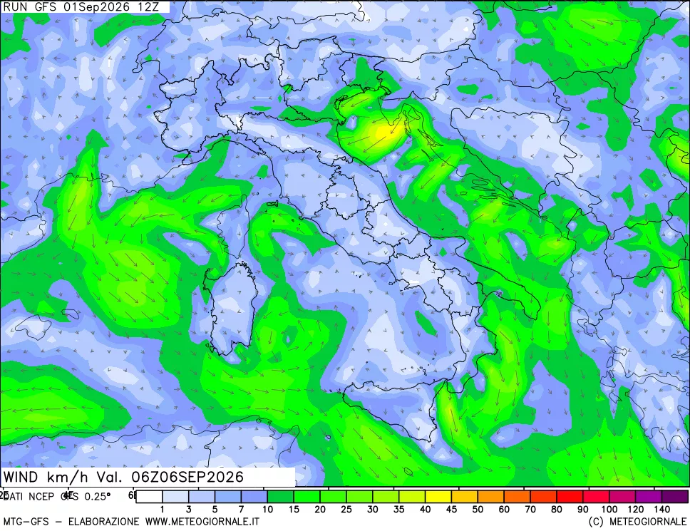 mappa 10 m Vento forza e direzione