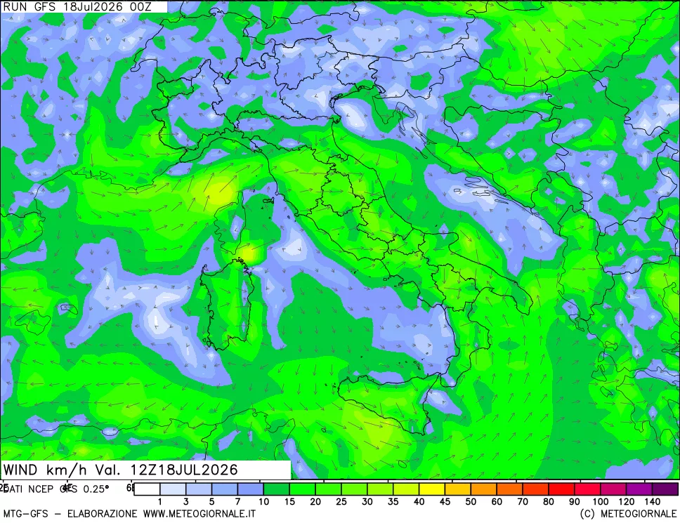 mappa 10 m Vento forza e direzione