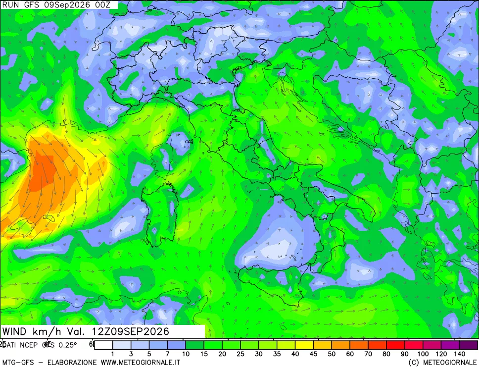 mappa 10 m Vento forza e direzione