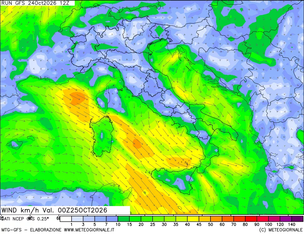 mappa 10 m Vento forza e direzione