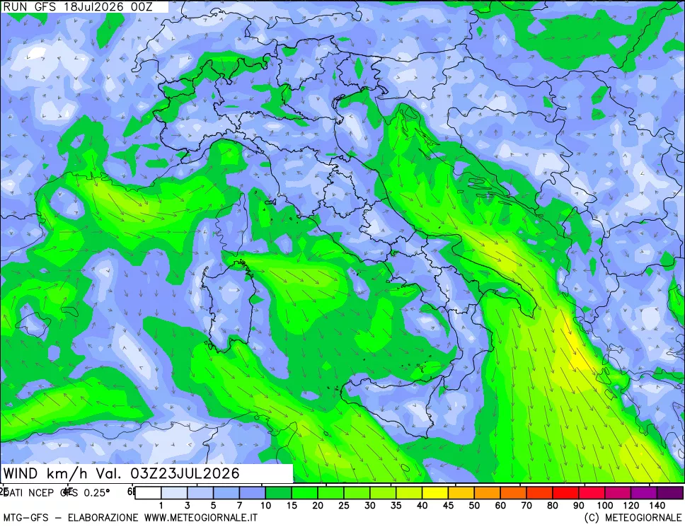 mappa 10 m Vento forza e direzione