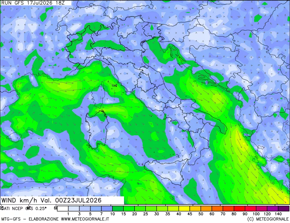 mappa 10 m Vento forza e direzione