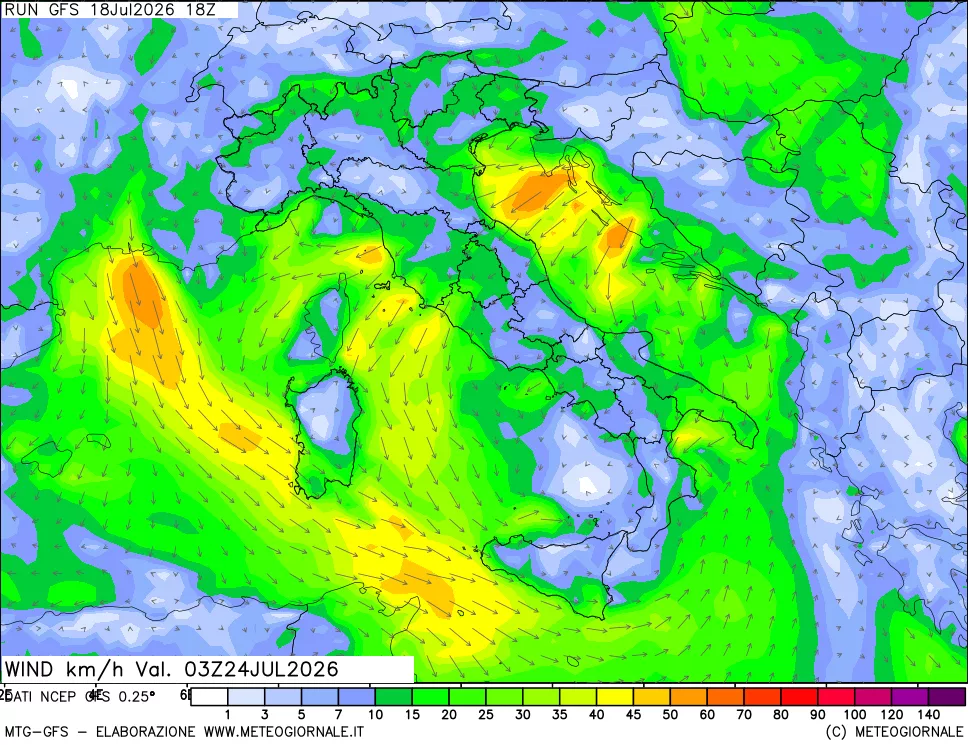 mappa 10 m Vento forza e direzione