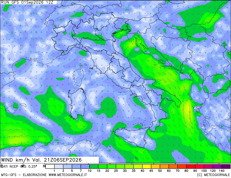 mappa 10 m Vento forza e direzione