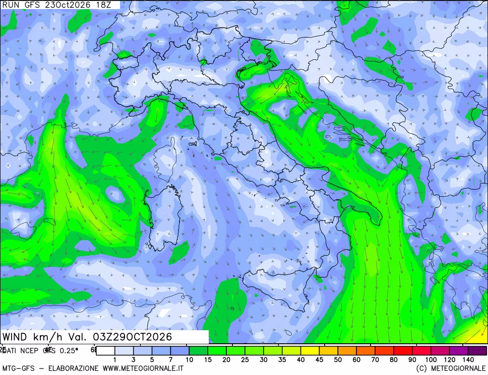 mappa 10 m Vento forza e direzione