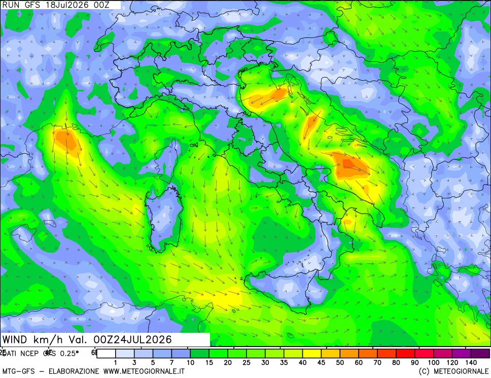 mappa 10 m Vento forza e direzione