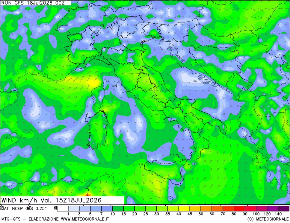 mappa 10 m Vento forza e direzione