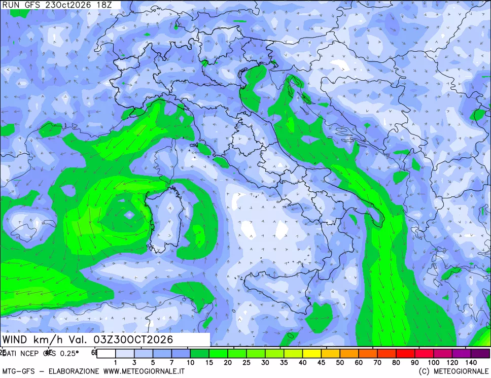 mappa 10 m Vento forza e direzione