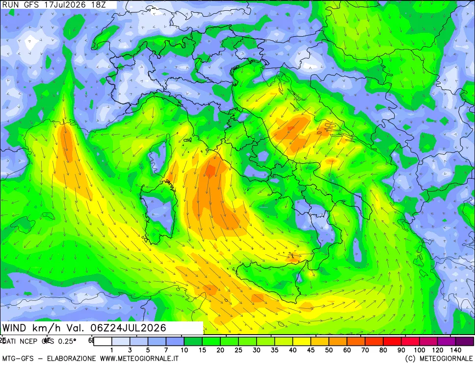mappa 10 m Vento forza e direzione