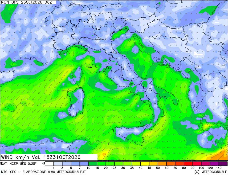 mappa 10 m Vento forza e direzione