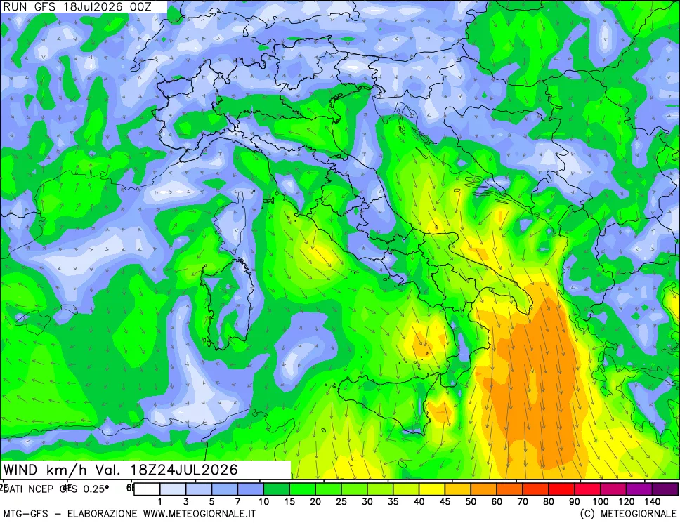 mappa 10 m Vento forza e direzione