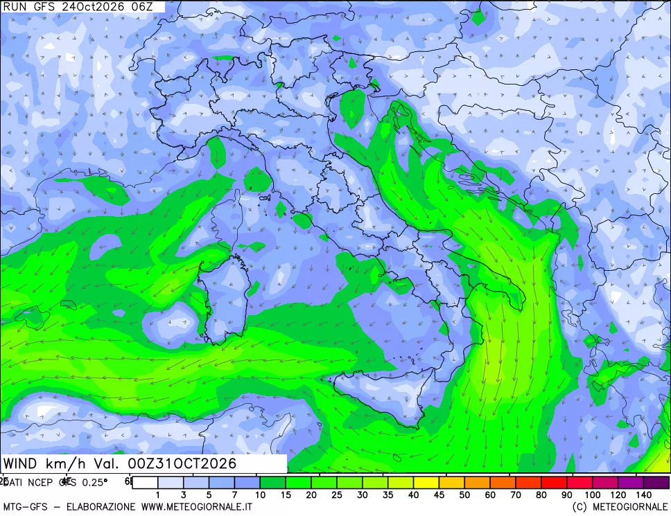 mappa 10 m Vento forza e direzione