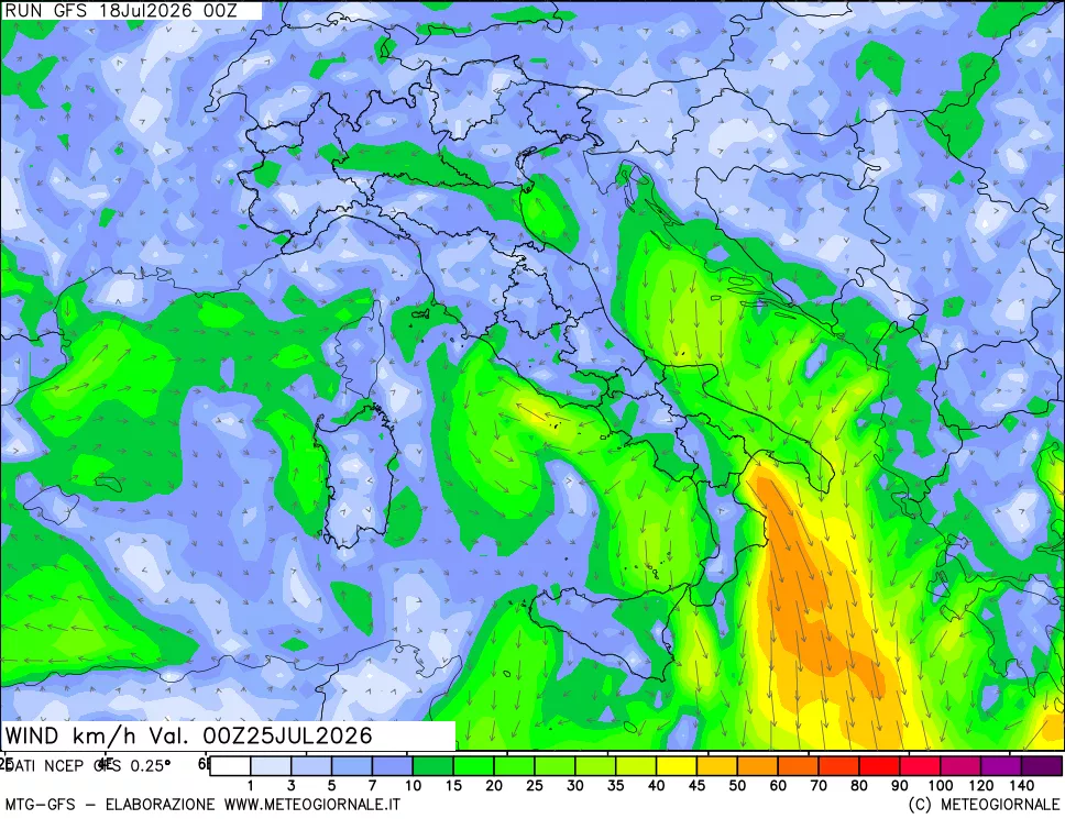mappa 10 m Vento forza e direzione