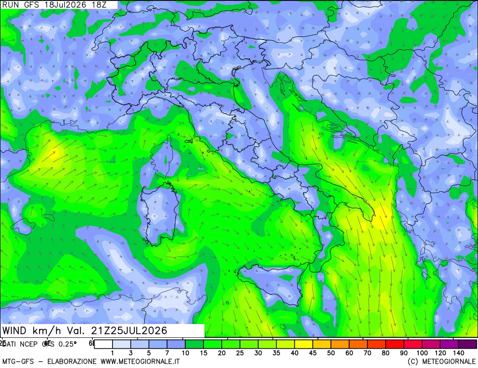 mappa 10 m Vento forza e direzione