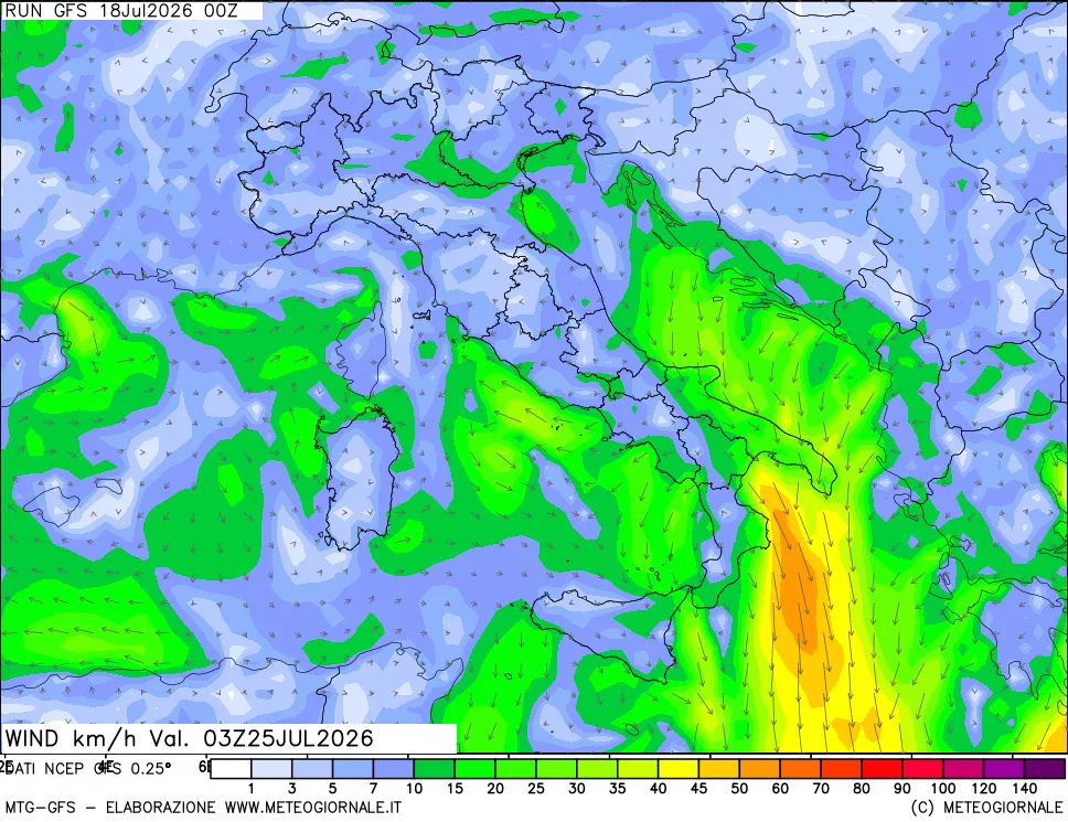 mappa 10 m Vento forza e direzione