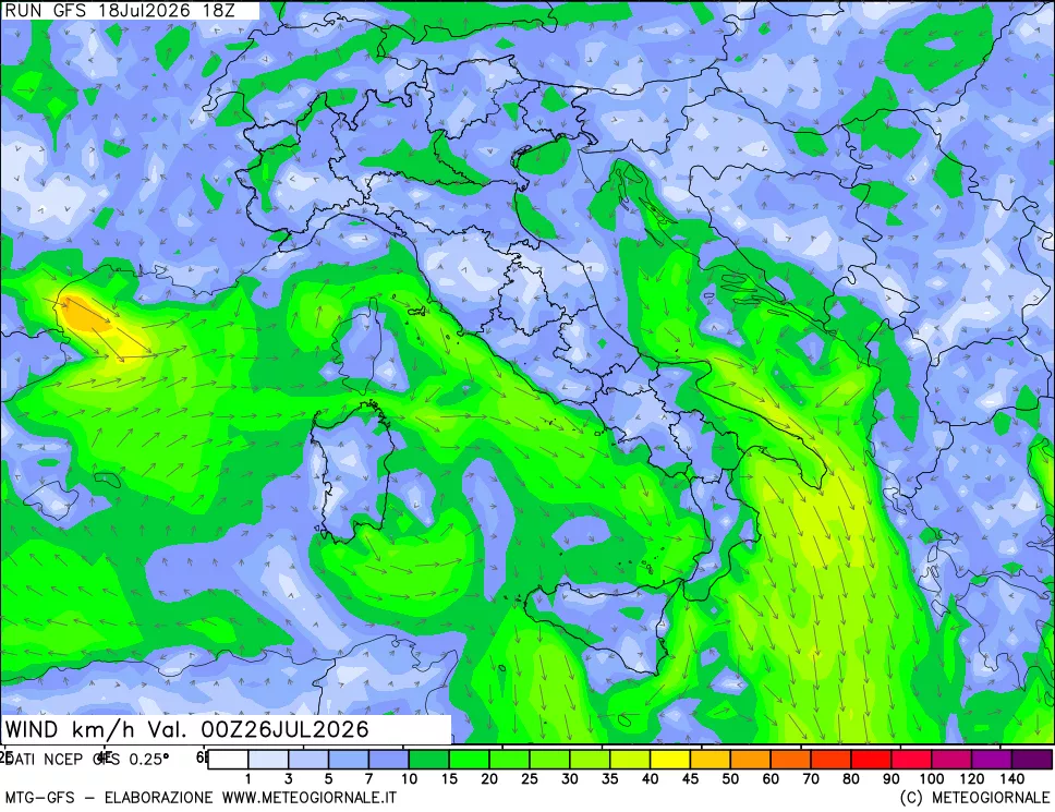 mappa 10 m Vento forza e direzione