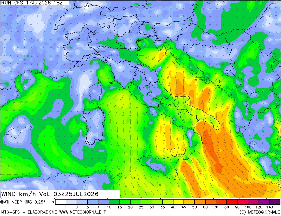 mappa 10 m Vento forza e direzione