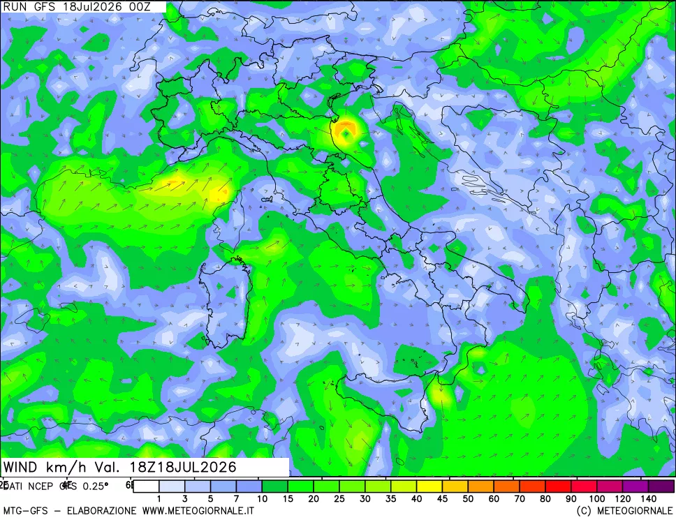 mappa 10 m Vento forza e direzione