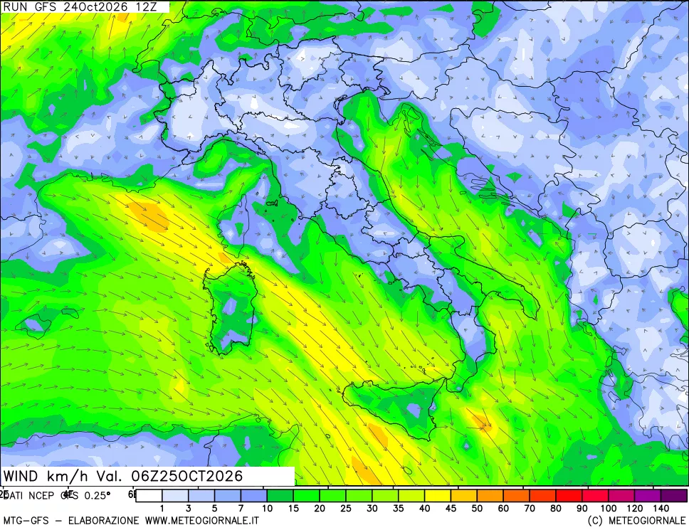 mappa 10 m Vento forza e direzione