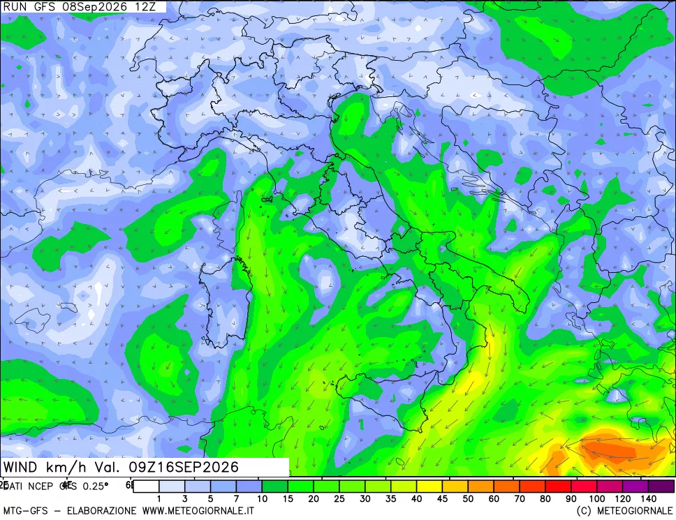 mappa 10 m Vento forza e direzione