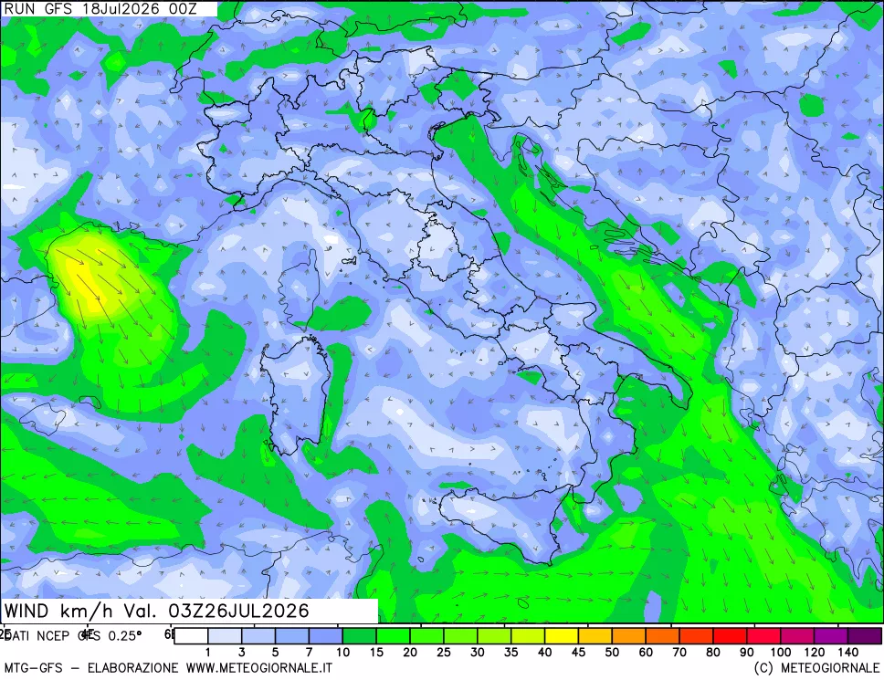 mappa 10 m Vento forza e direzione