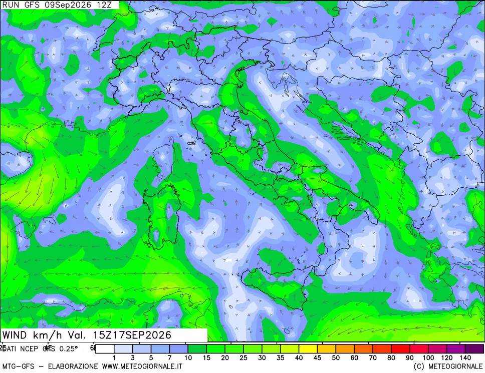 mappa 10 m Vento forza e direzione