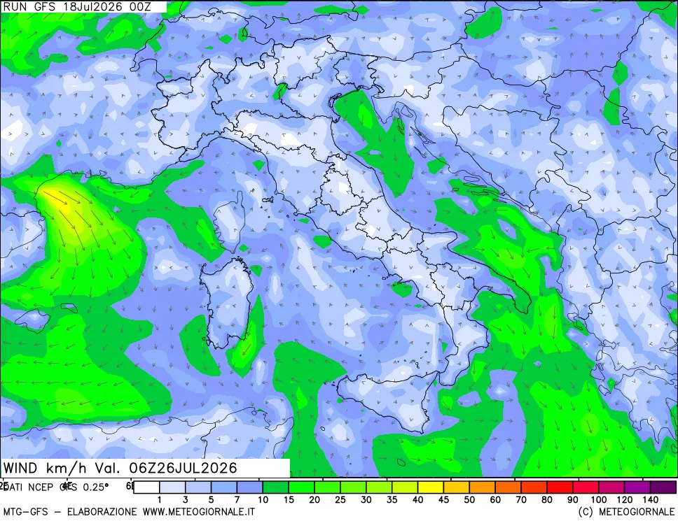 mappa 10 m Vento forza e direzione