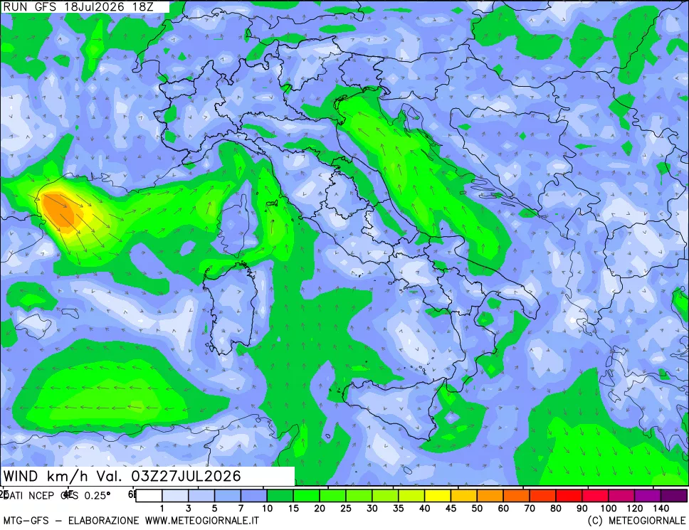 mappa 10 m Vento forza e direzione