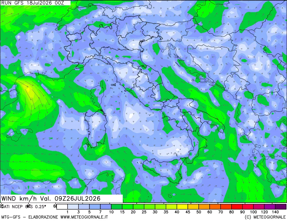 mappa 10 m Vento forza e direzione