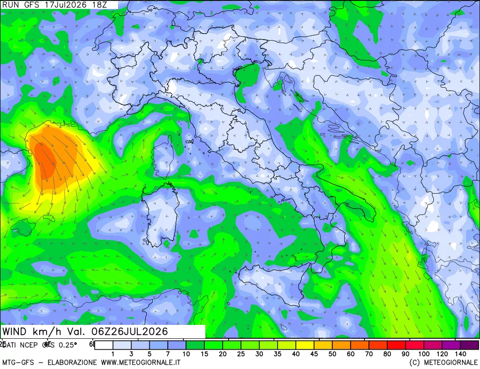 mappa 10 m Vento forza e direzione