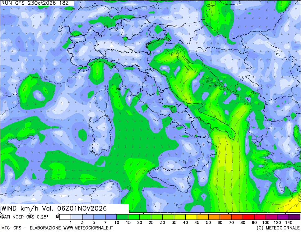 mappa 10 m Vento forza e direzione