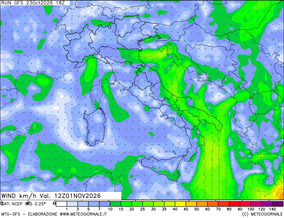 mappa 10 m Vento forza e direzione