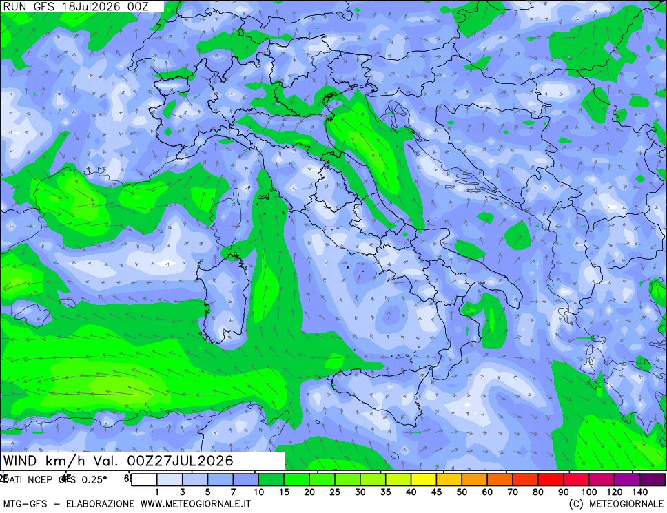 mappa 10 m Vento forza e direzione