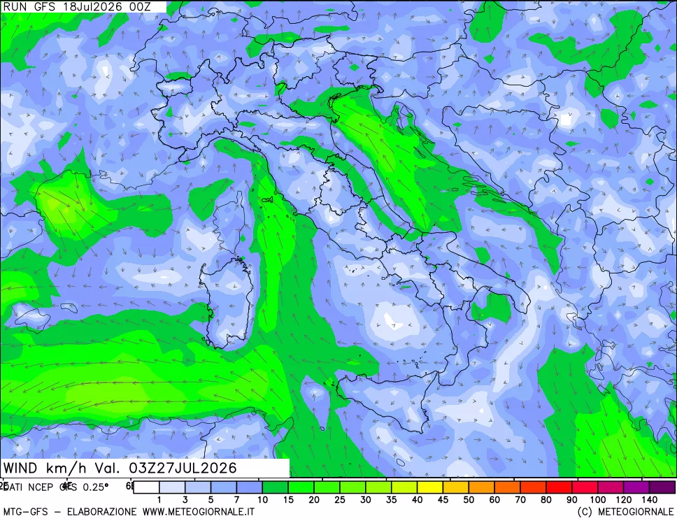 mappa 10 m Vento forza e direzione