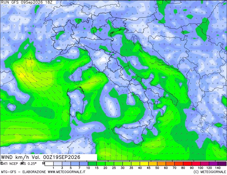 mappa 10 m Vento forza e direzione