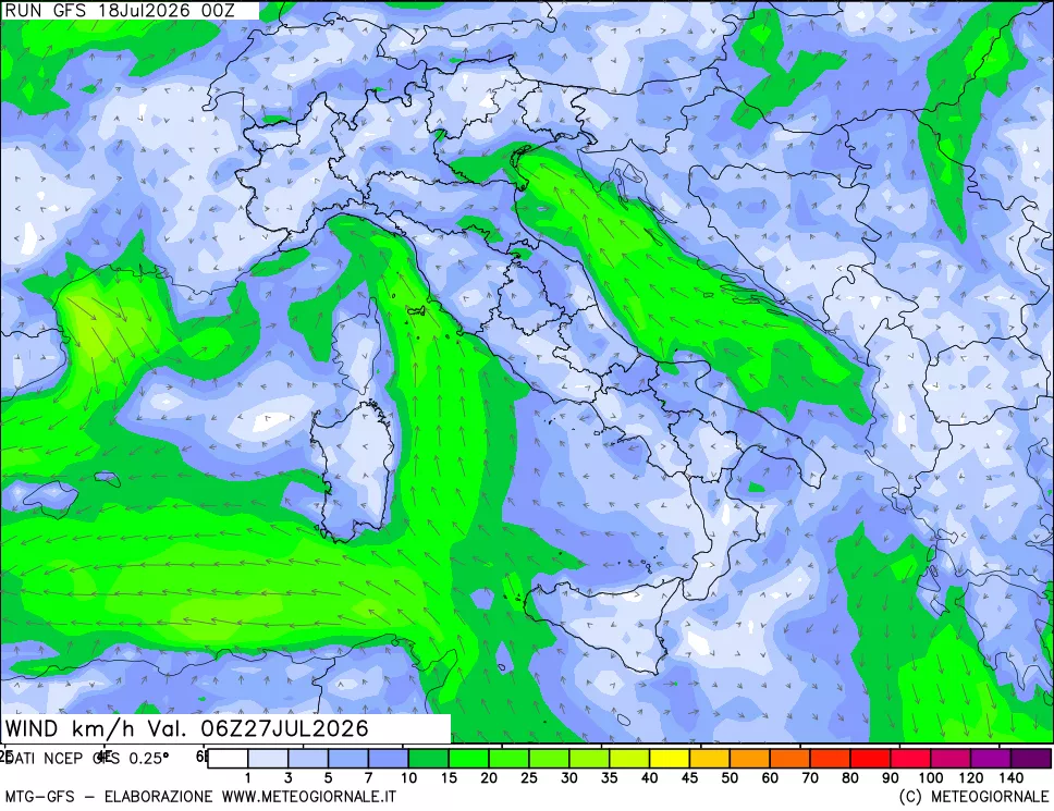 mappa 10 m Vento forza e direzione