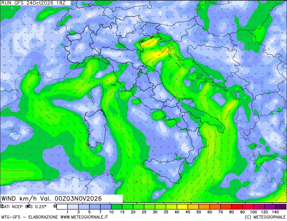 mappa 10 m Vento forza e direzione