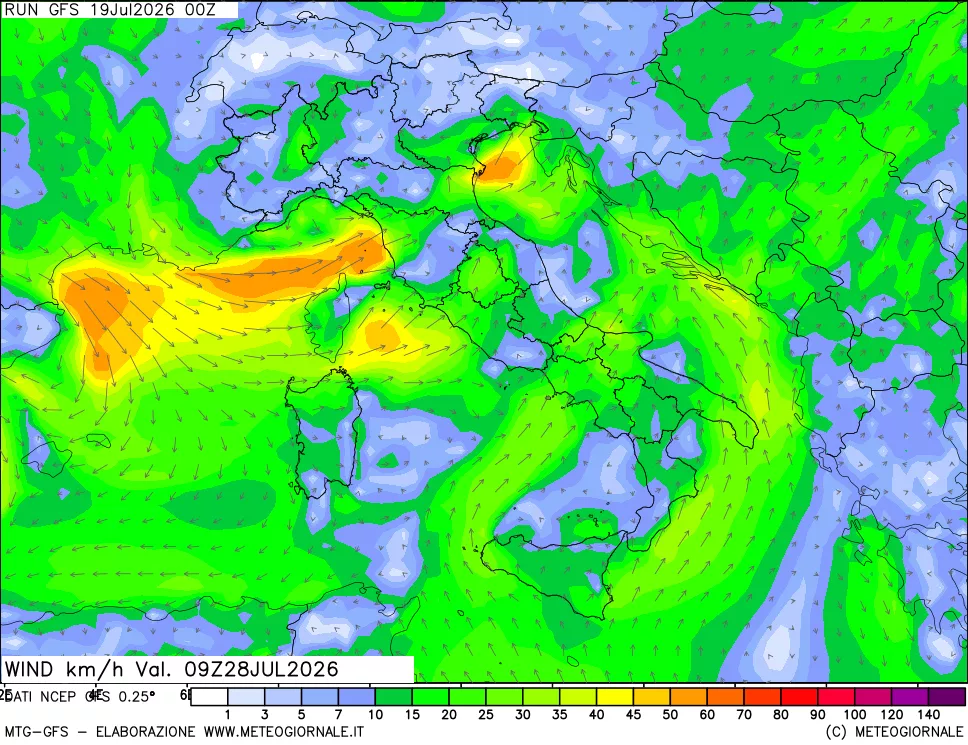 mappa 10 m Vento forza e direzione