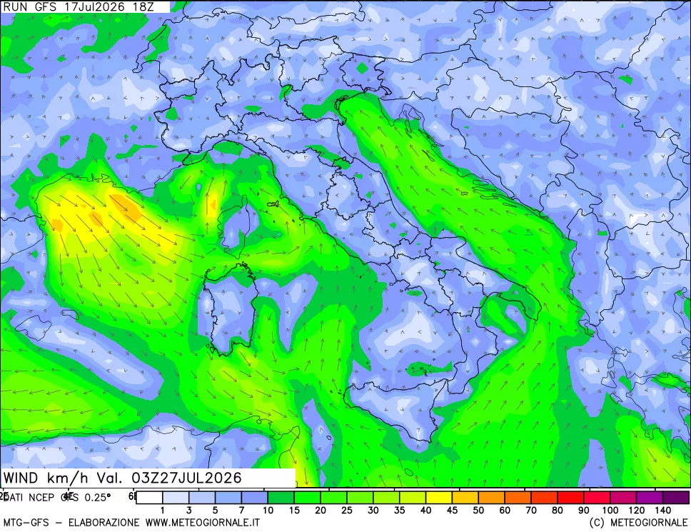 mappa 10 m Vento forza e direzione